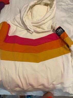 Women’s Ivory Hoodie with Pink-Orange-Yellow Chevron Stripe